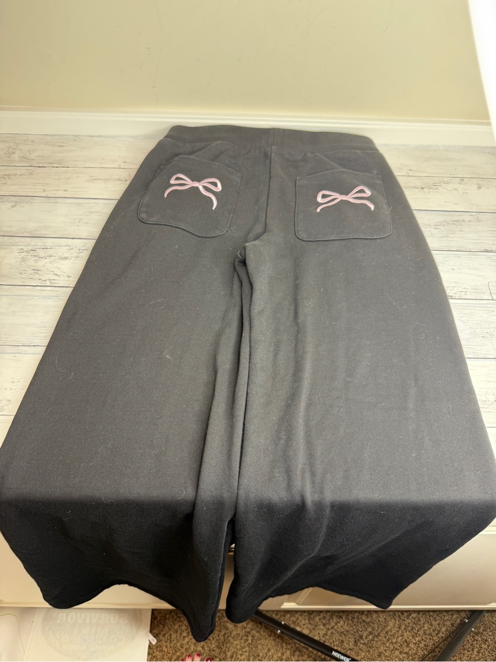 Lucy in the Sky Black Lounge Pants with Pink Bow Pocket Embroidery